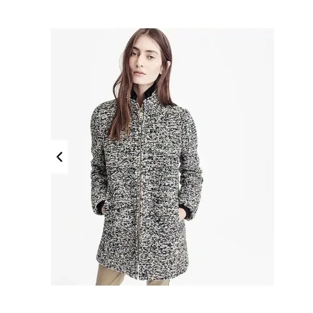 J. Crew Coat Italian Wool Lodge Zip Up in Boucle Speckled Black White Women’s 4